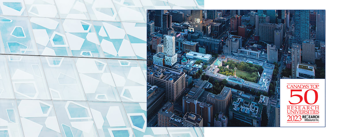 Aerial view of the Toronto Metropolitan University campus and downtown Toronto. The logo for the Canada’s Top 50 Research Universities 2023 list by Research InfoSource is superimposed on the bottom right corner.