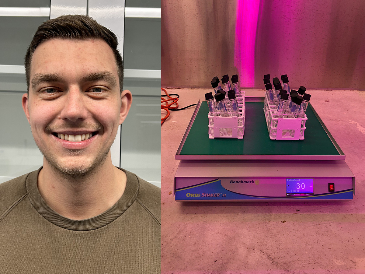 Headshot of Eric Fries beside image of test tubes containing plastic samples and water sitting under a UV light as part of a lab experiment.