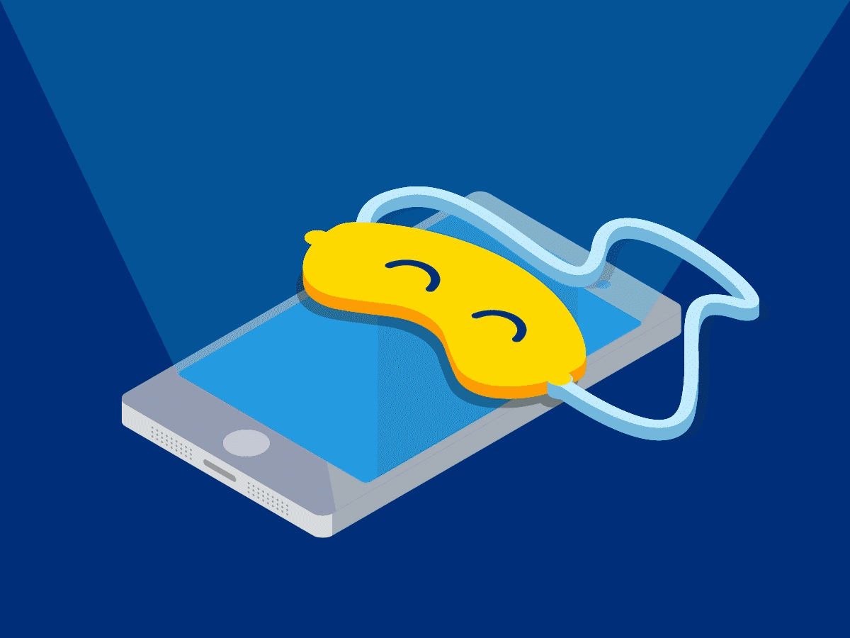 An animation of a smartphone wearing a sleep mask, with eyes visible through the mask. The eyes switch from open to closed.