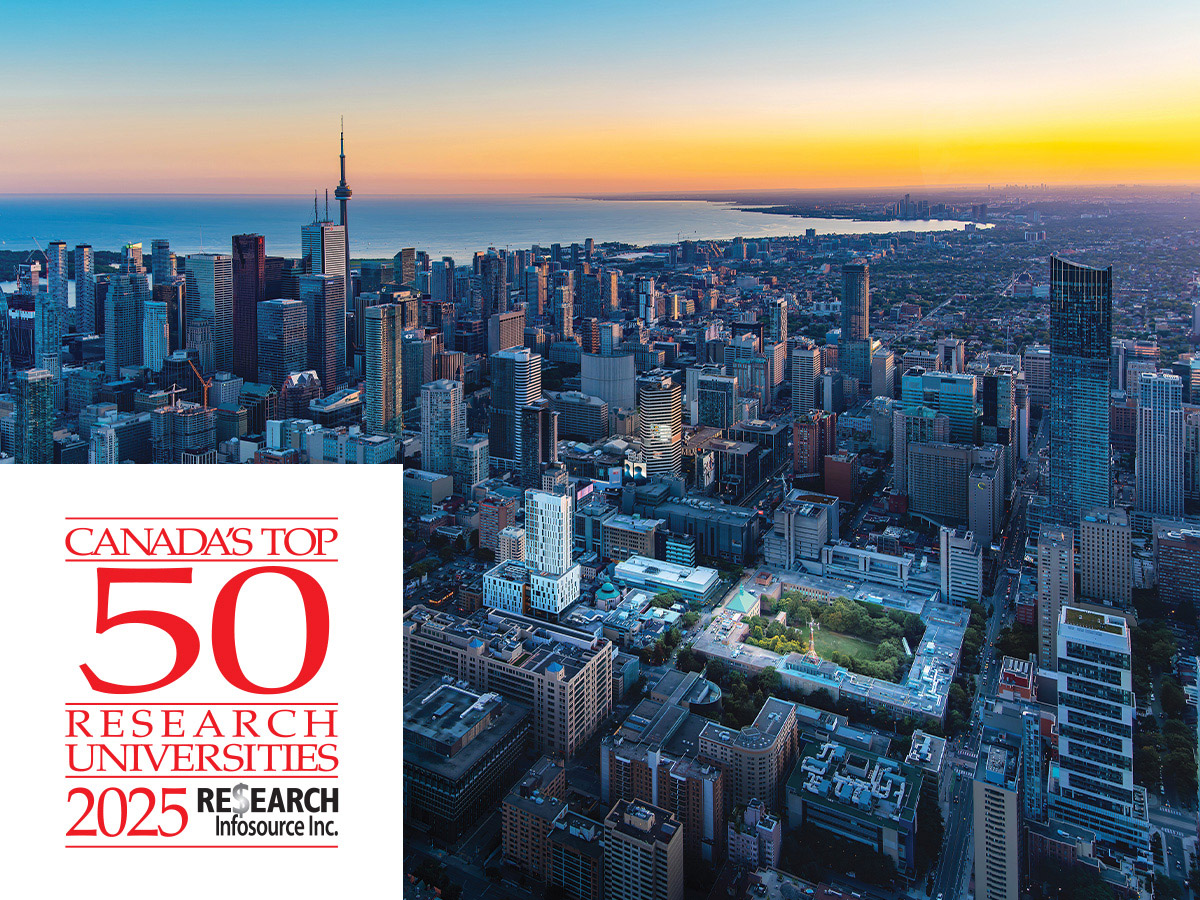 An aerial view of the Toronto Metropolitan University campus at sunset, with downtown Toronto and Lake Ontario visible in the background.