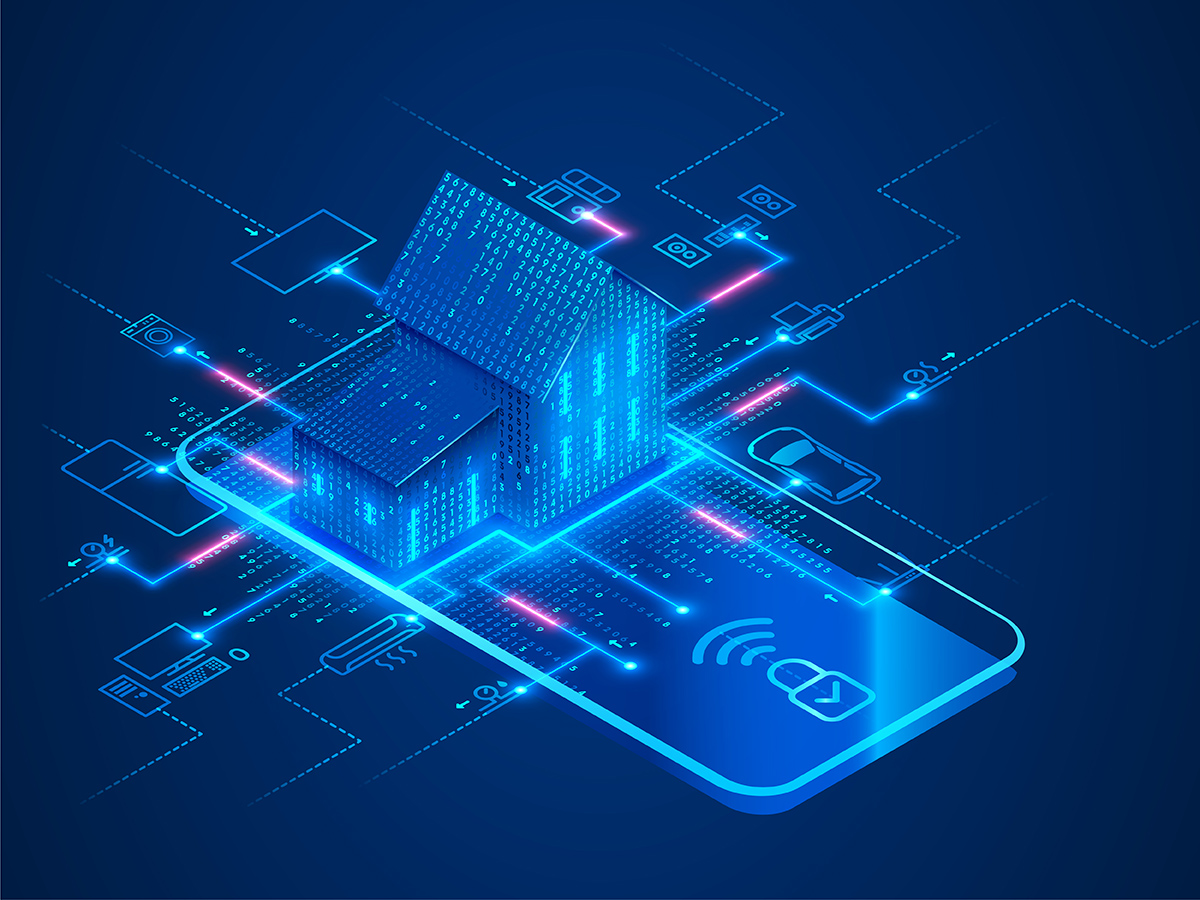 A glowing digital illustration of a smart home represented as a cube made of data, connected by bright blue lines to icons of IoT devices such as a phone, car, lock, camera and appliances, symbolizing interconnected smart home technology and data flows