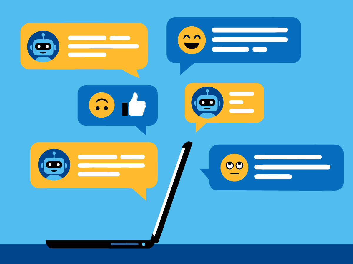 A graphic depiction of a text interaction between a person and an AI chatbot, with emojis indicating increasing frustration from the human.