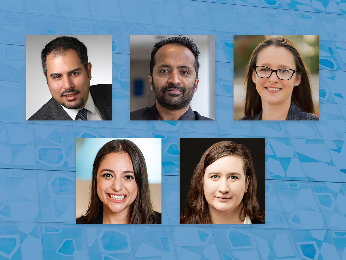  From top left, clockwise: headshots of TMU professors Robin Chhabra, Naimul Khan, Cheryl Rogers, Moriah Sokolowski and Helen Stopps on a blue background