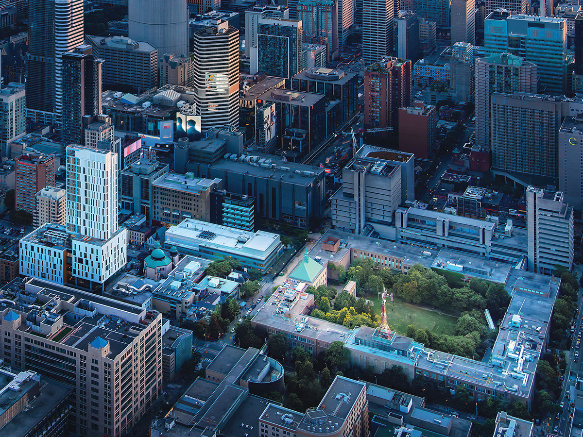 An aerial daytime view of downtown Toronto with the TMU campus