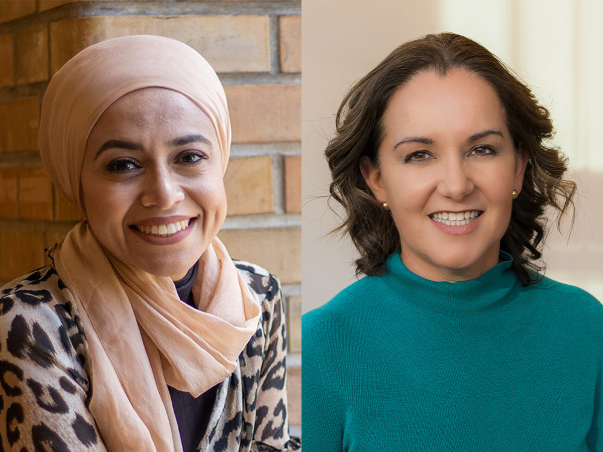 Side-by-side headshots of two smiling women. The one on the left is wearing a hijab and patterned top in front of a brick wall. The woman on the right is wearing a teal sweater indoors.