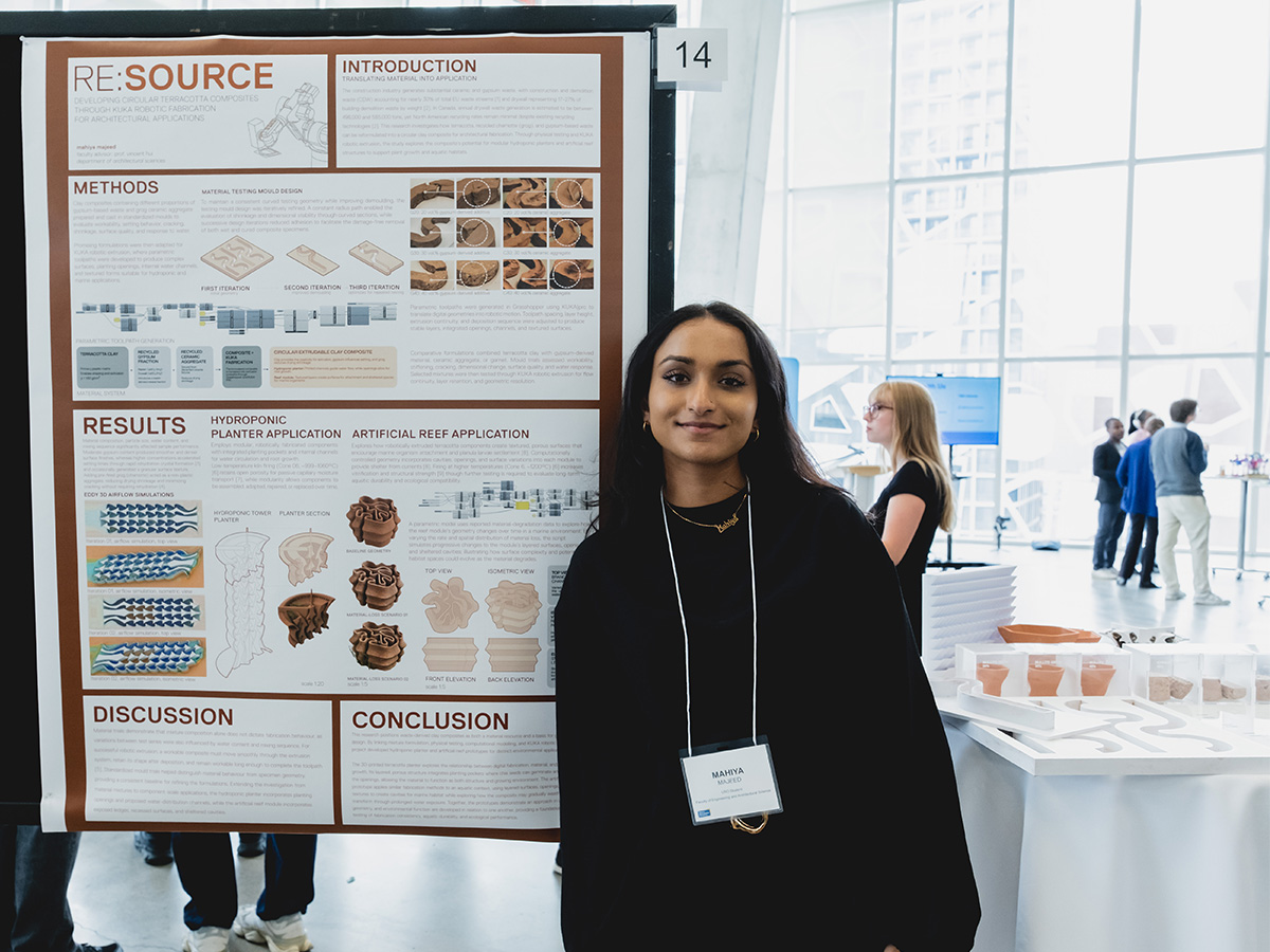 A student stands in front of her URO Showcase research poster entitled RE:SOURCE