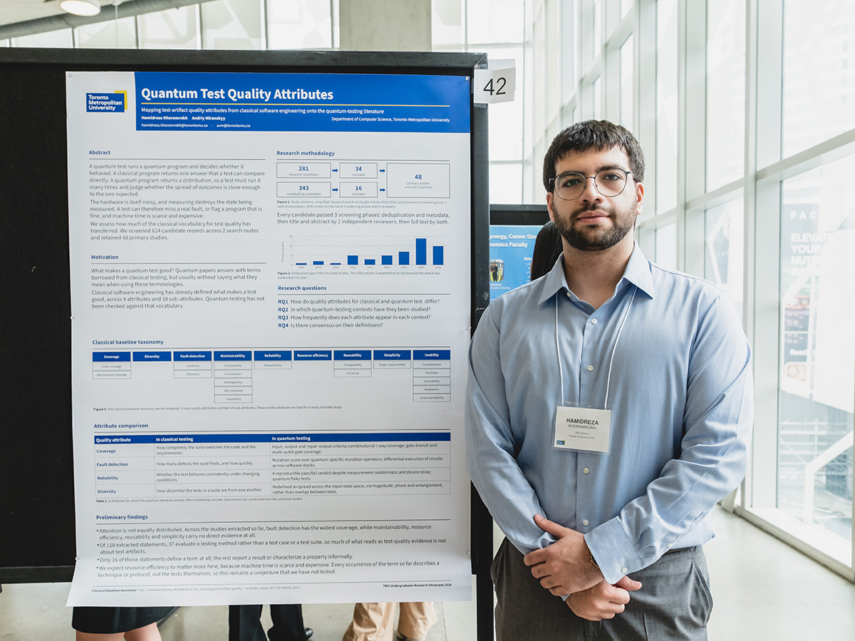 A student stands in front of his URO Showcase research poster entitled Quantum Test Quality Attributes