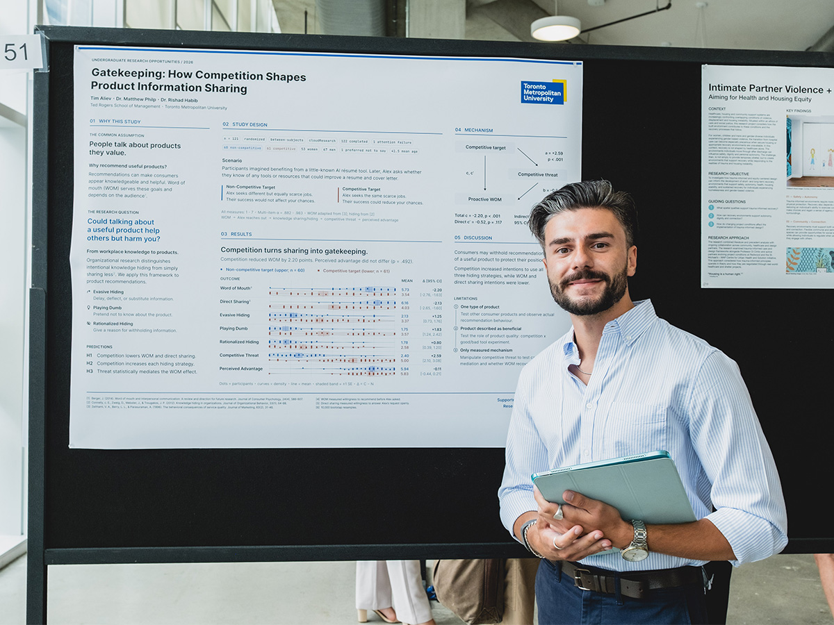 A student stands in front of his URO Showcase research poster entitled Gatekeeping: How Competition Shapes Produce Information Sharing