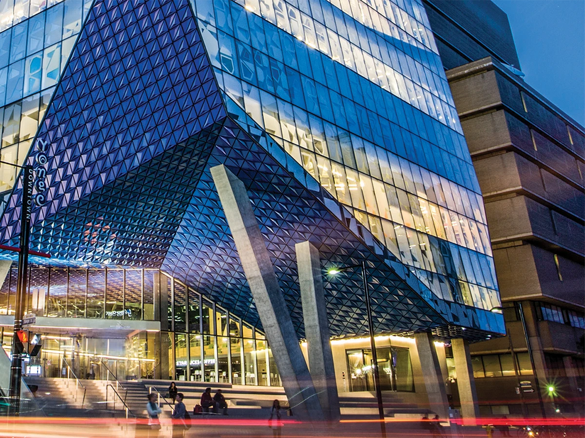 A photograph of the Sheldon & Tracy Levy Student Learning Centre (SLC), the symbolic ‘front door’ of the Toronto Metropolitan University (TMU) campus.