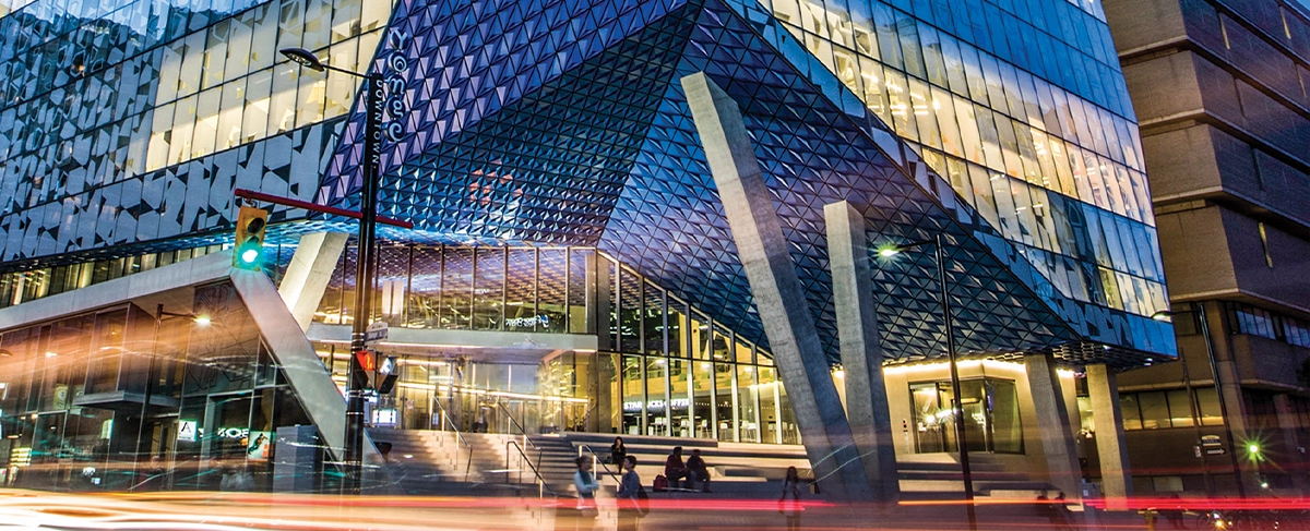 A photograph of the Sheldon & Tracy Levy Student Learning Centre (SLC), the symbolic ‘front door’ of the Toronto Metropolitan University (TMU) campus.