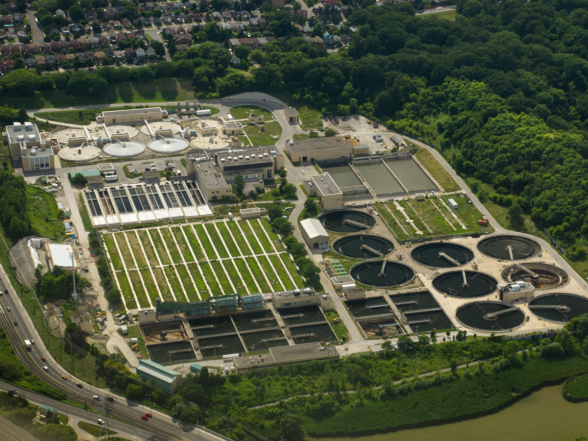 A birds-eye view of a water filtration plant in suburban Toronto
