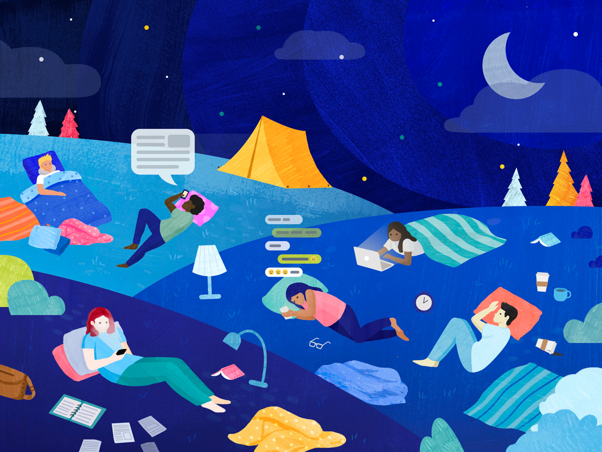 An illustration of numerous individuals reclined in an open field at night with pillows, blankets, lamps, and other sleep-related imagery.