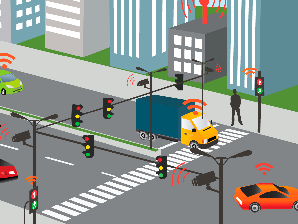 An illustration of a busy intersection with cars and traffic signals communicating with each other wirelessly