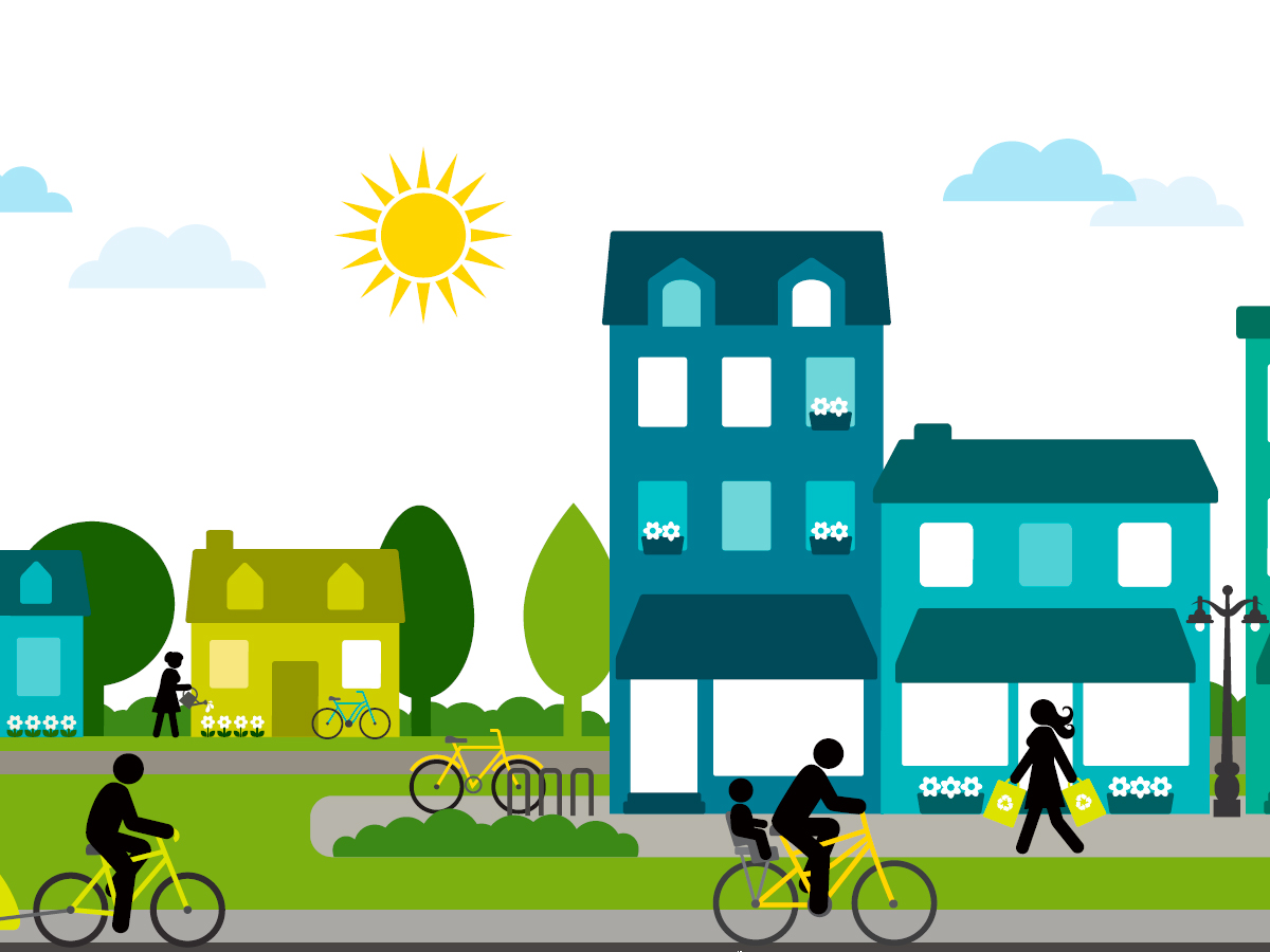 An illustration of cyclists traversing through a suburban neighbourhood on a sunny day