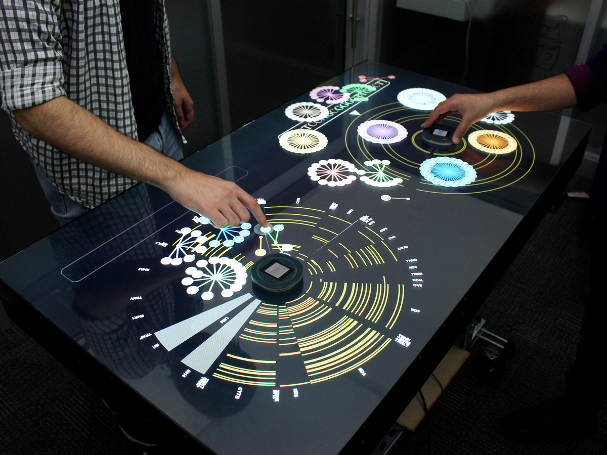 A large flat tabletop device lit up with visual models of complex dataset