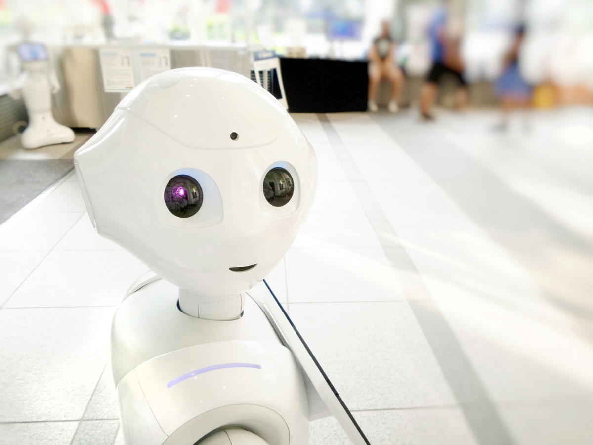 Pepper - a robot with large eyes and white plastic chassis - looks towards the camera