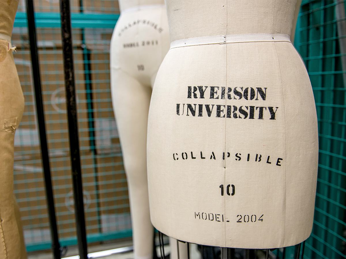 Various fashion mannequins depicted from the waste down with "Ryerson University" printed on them