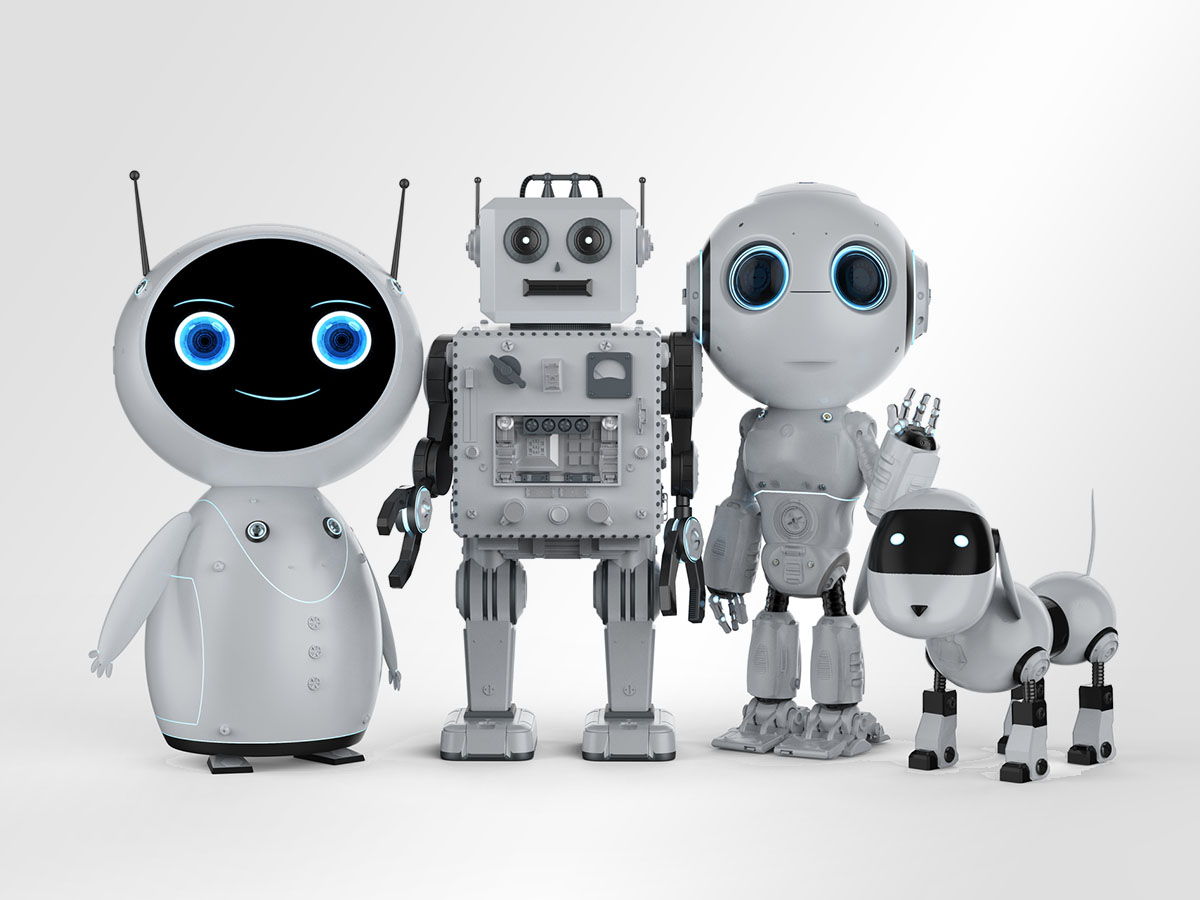 Four 3D renderings of robots lined up, including three humanoids and one dog