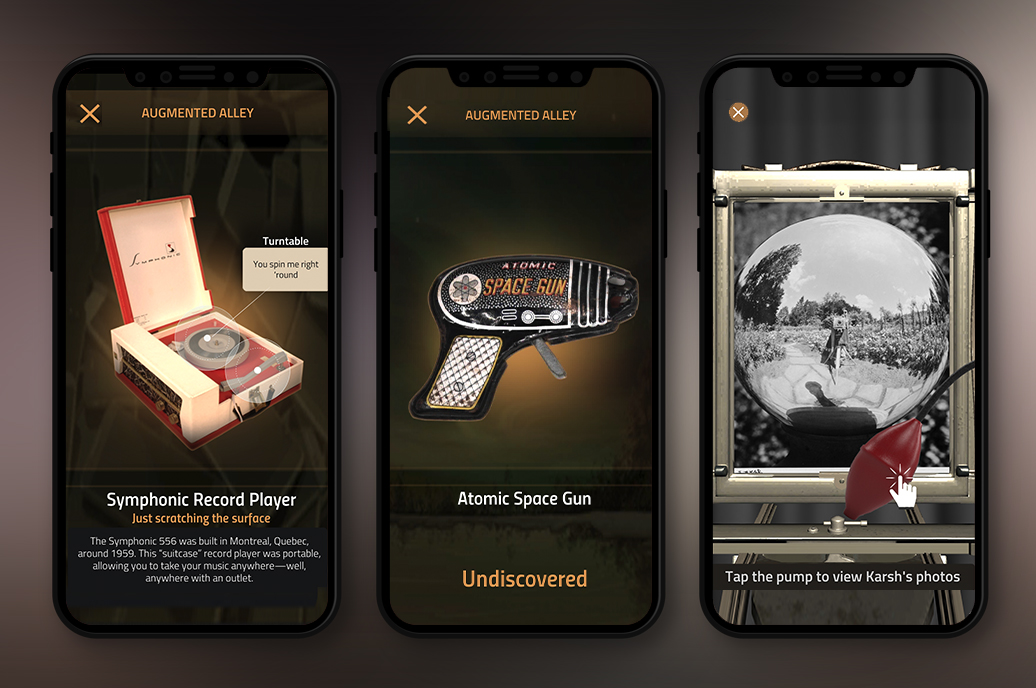 Three screen captures of of the Augmented Alley app, displaying the Symphonic Record Player, Atomic Space Gun, and a Karsh photograph