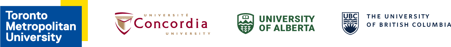 The logos for Toronto Metropolitan University, Concordia University, the University of Alberta and The University of British Columbia.