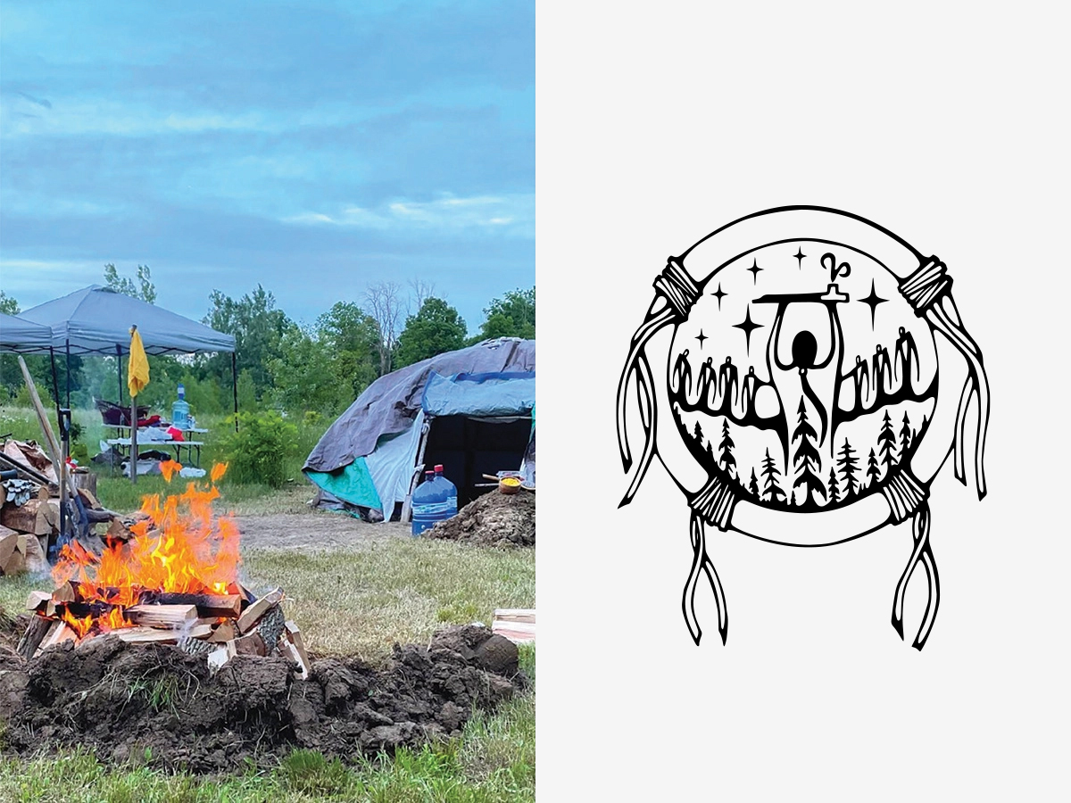 A fire and tent at a campsite are paired with the Finding Our Power Together logo. 