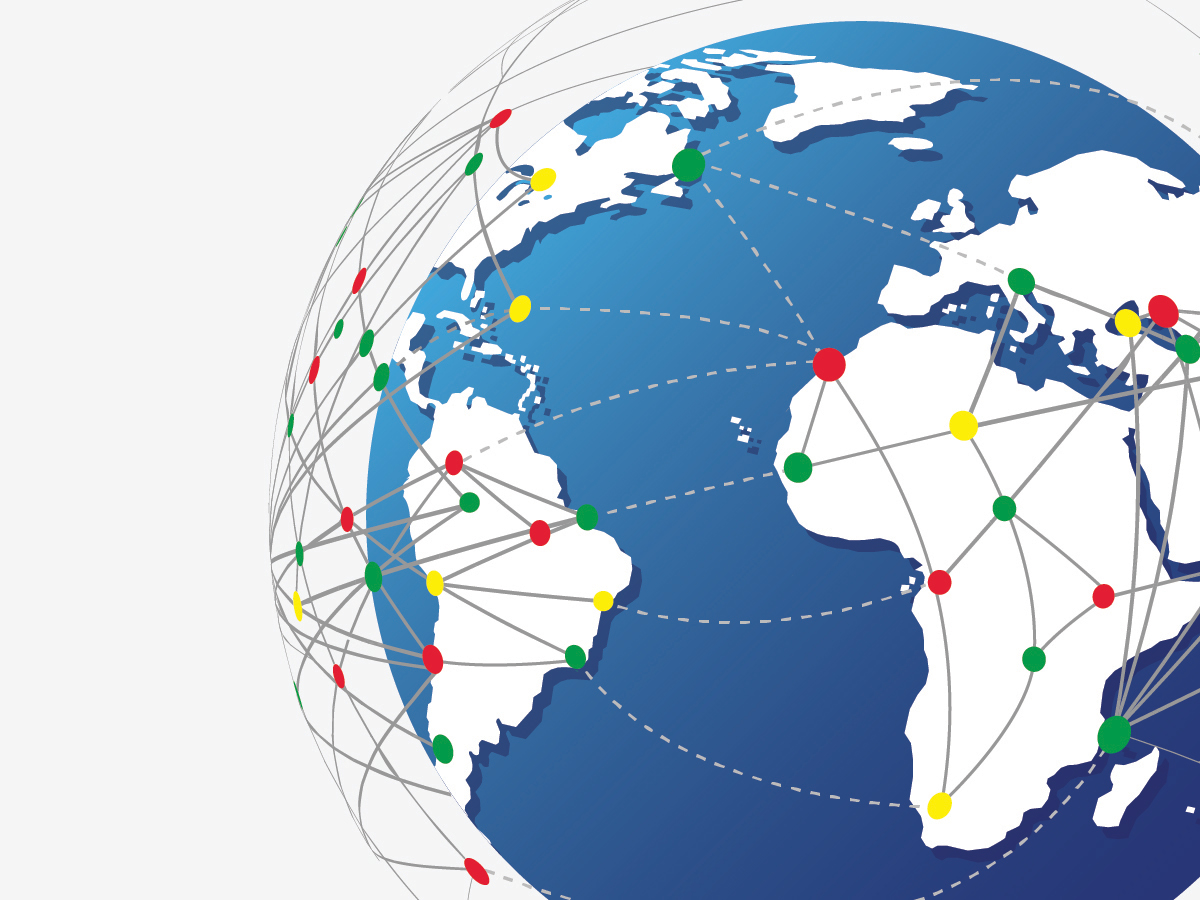 Connected dots are overlaid over a globe. 