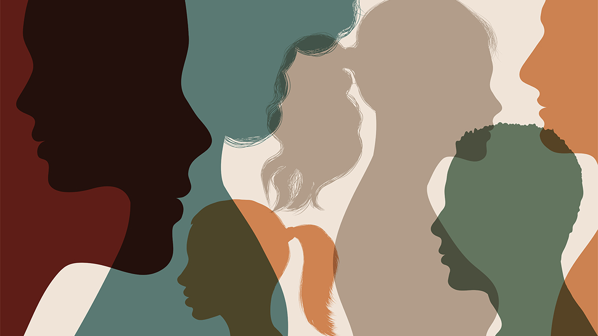 A collage of various silhouetted profiles of people representing different genders and backgrounds. 