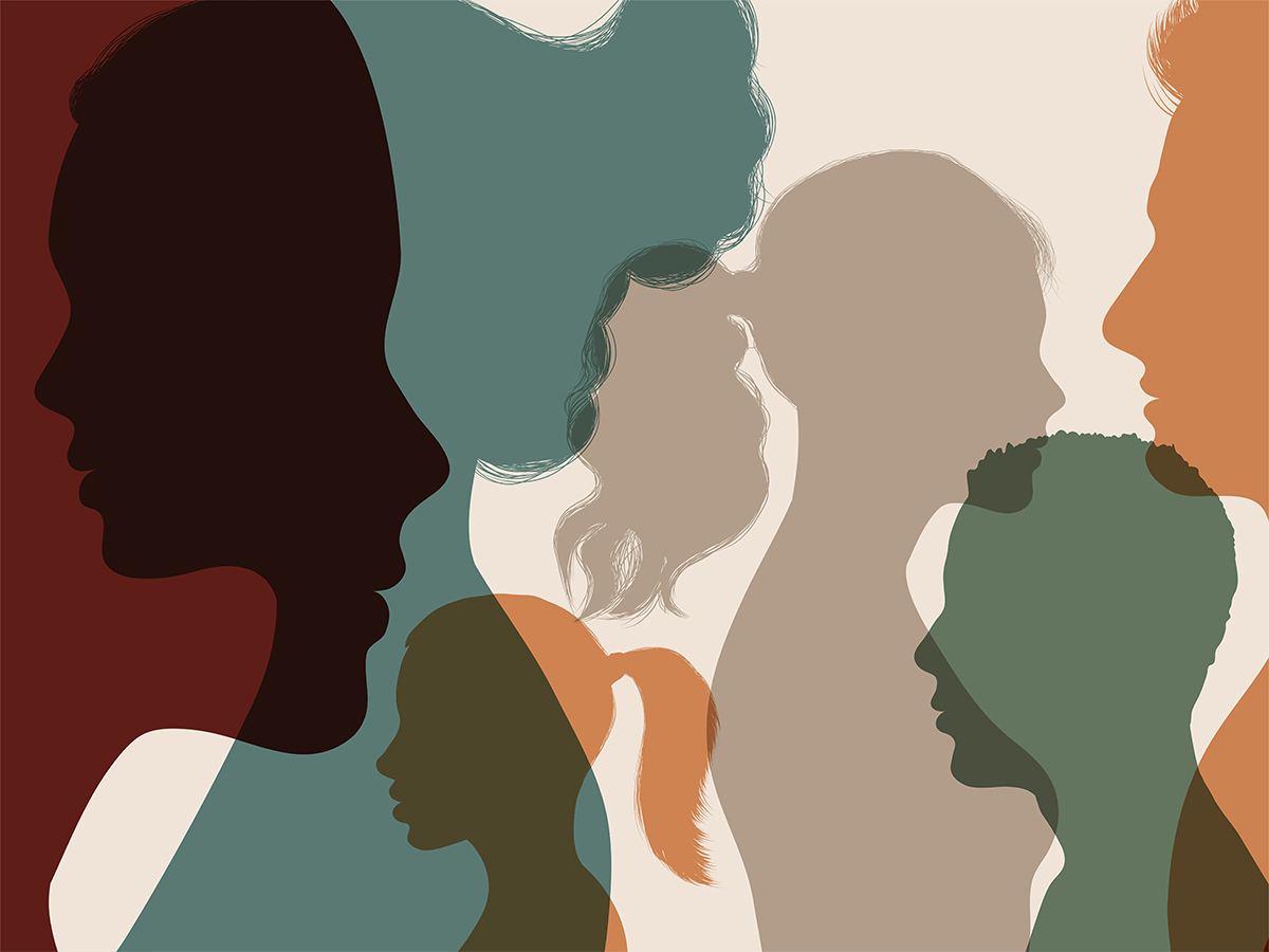 A collage of various silhouetted profiles of people representing different genders and backgrounds. 