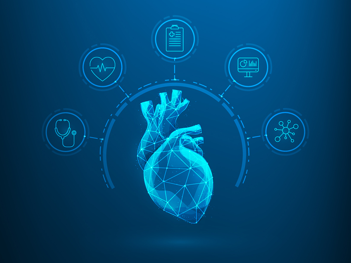 Icons such as a stethoscope, heart rate and other medical indicators surround an illustrated heart.