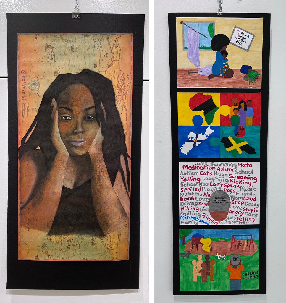 Two photos of art hung in an exhibit. Left: A young Black woman resting her face in her hands with a world map in the background. Right: A four-paneled work of art depicting children and families. One panel shows a person wearing a hat that reads “Please be patient I have autism.”