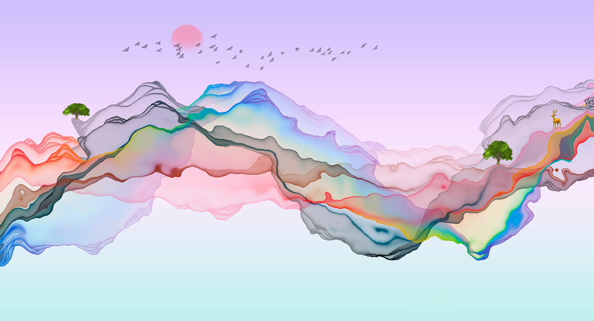 A colorful impressionistic graphic of mountains formed from the edges of water-color bleed. On one peak stands a green tree. Silhouettes of birds fly across the face of a pink sun.