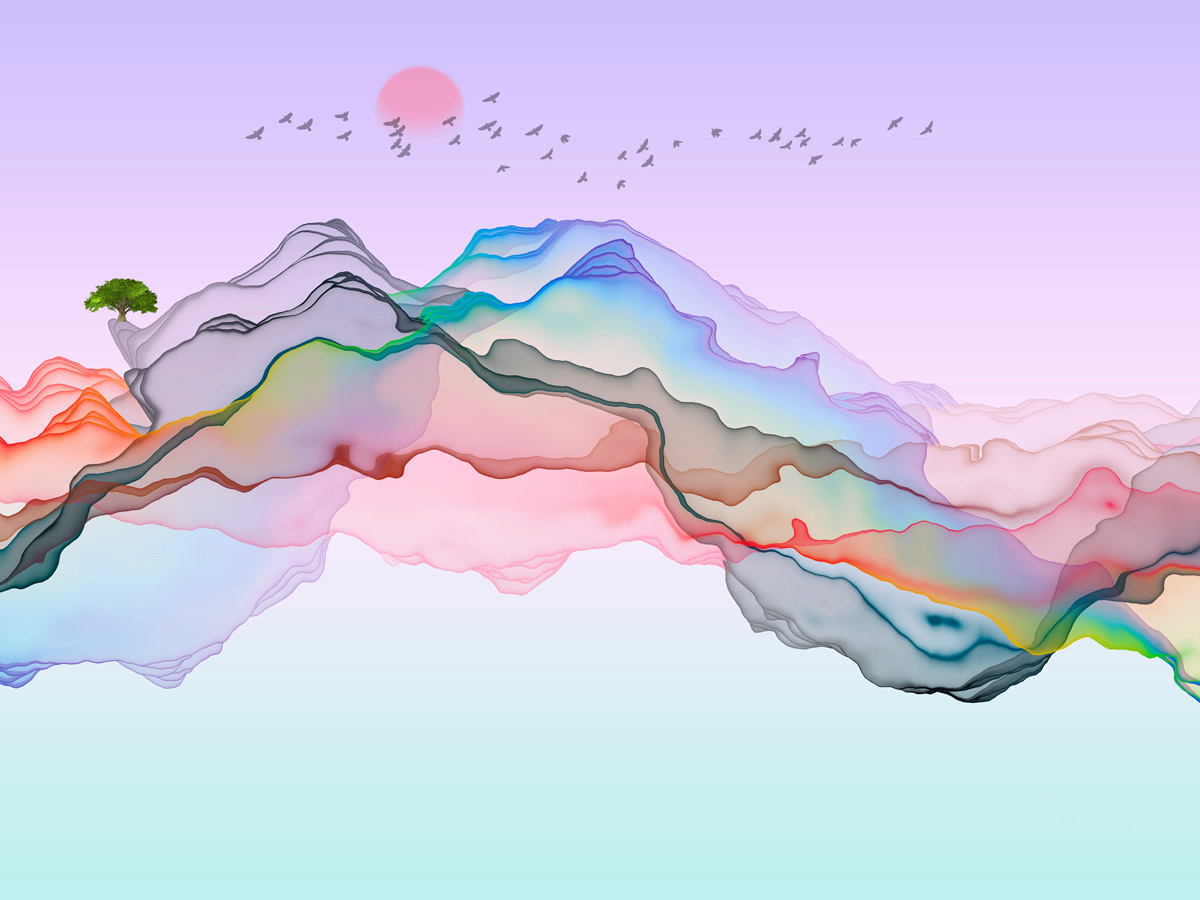A colorful impressionistic graphic of mountains formed from the edges of water-color bleed. On one peak stands a green tree. Silhouettes of birds fly across the face of a pink sun.