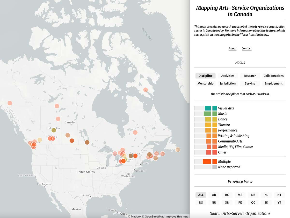 A white map of Canada marked with dots in shades of orange and brown, indicating the concentrations of different arts disciplines across the country.