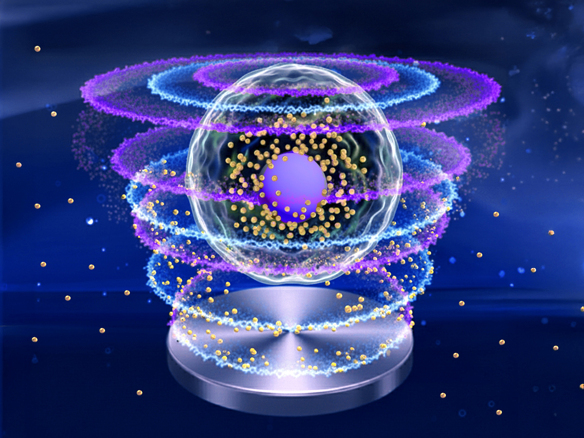 A depiction of ultrasound waves activating drug-coated gold nanoparticles inside tissue, helping them deliver cancer drugs.