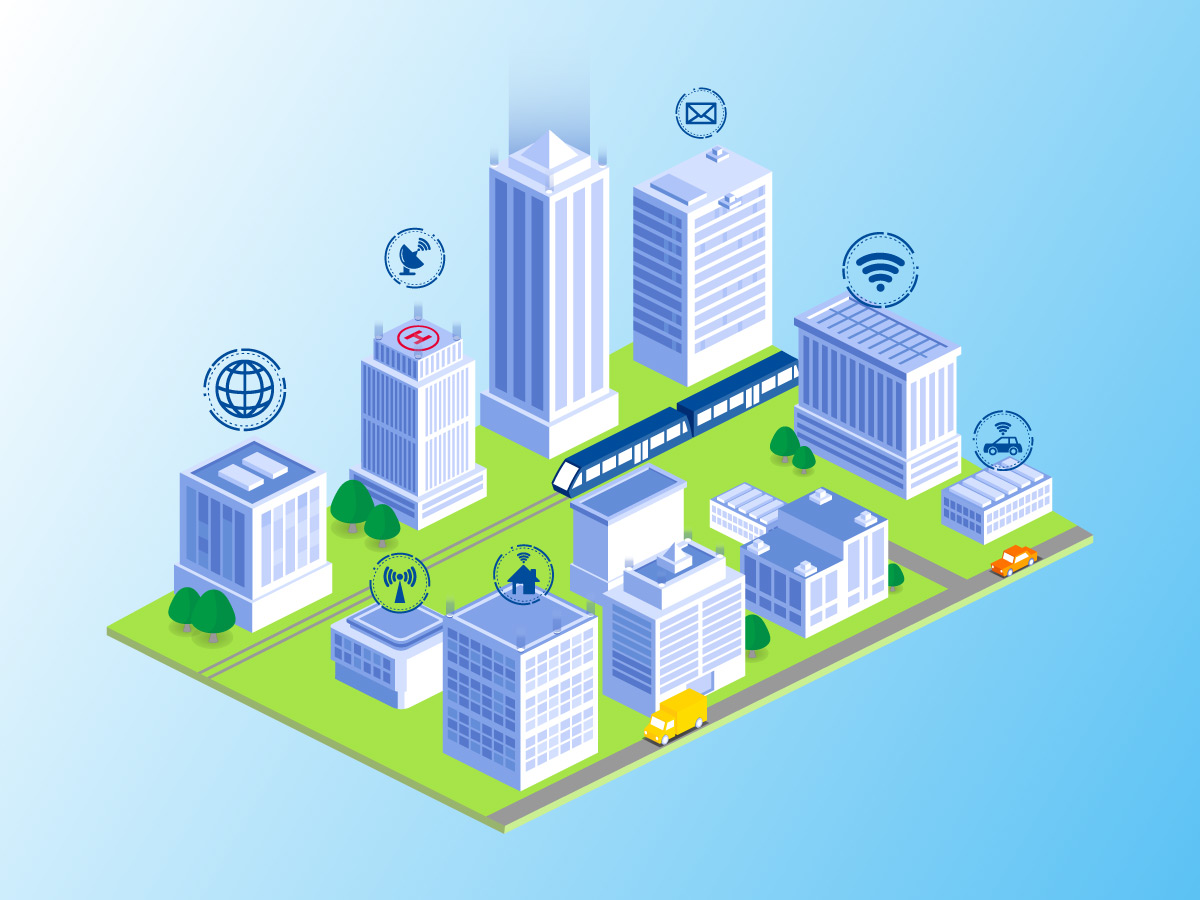 A digitally created image of city buildings from above, with digital connectivity icons above them, with a blue background.