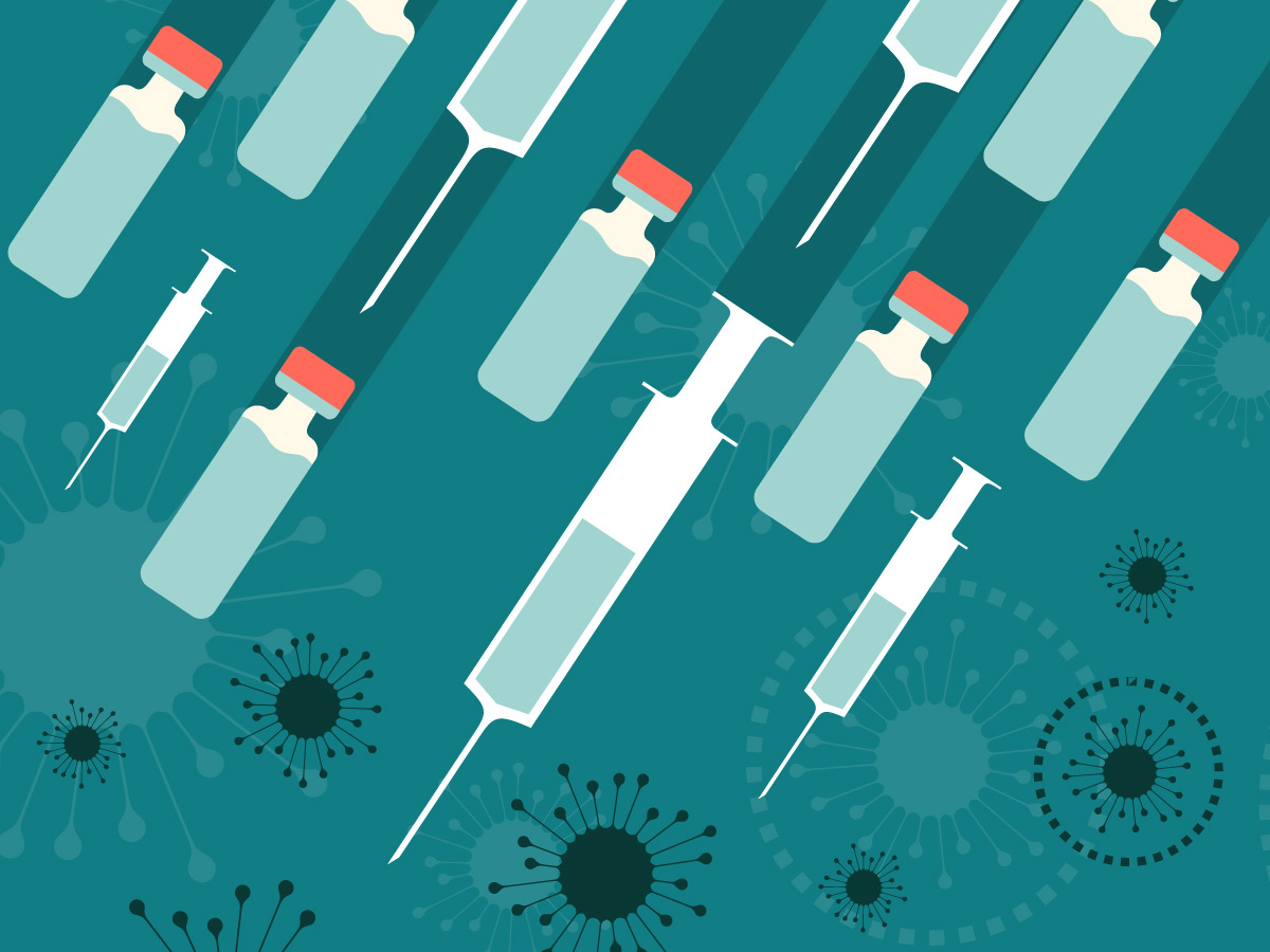 An illustration of medical vials and syringes against a light teal background which includes silhouettes representing viruses