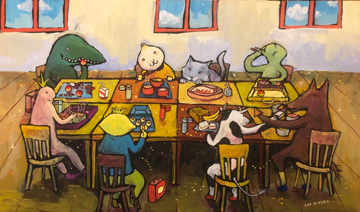 Painting by Sae Kimura of eight animals seated at joined desks to eat lunch together