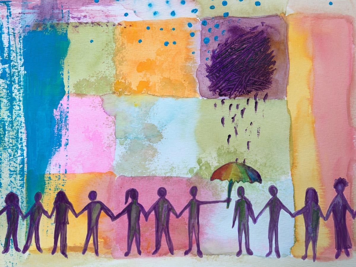 Drawing of 11 people holding hands, with one figure holding rainbow-coloured umbrella to shield another figure from the rain