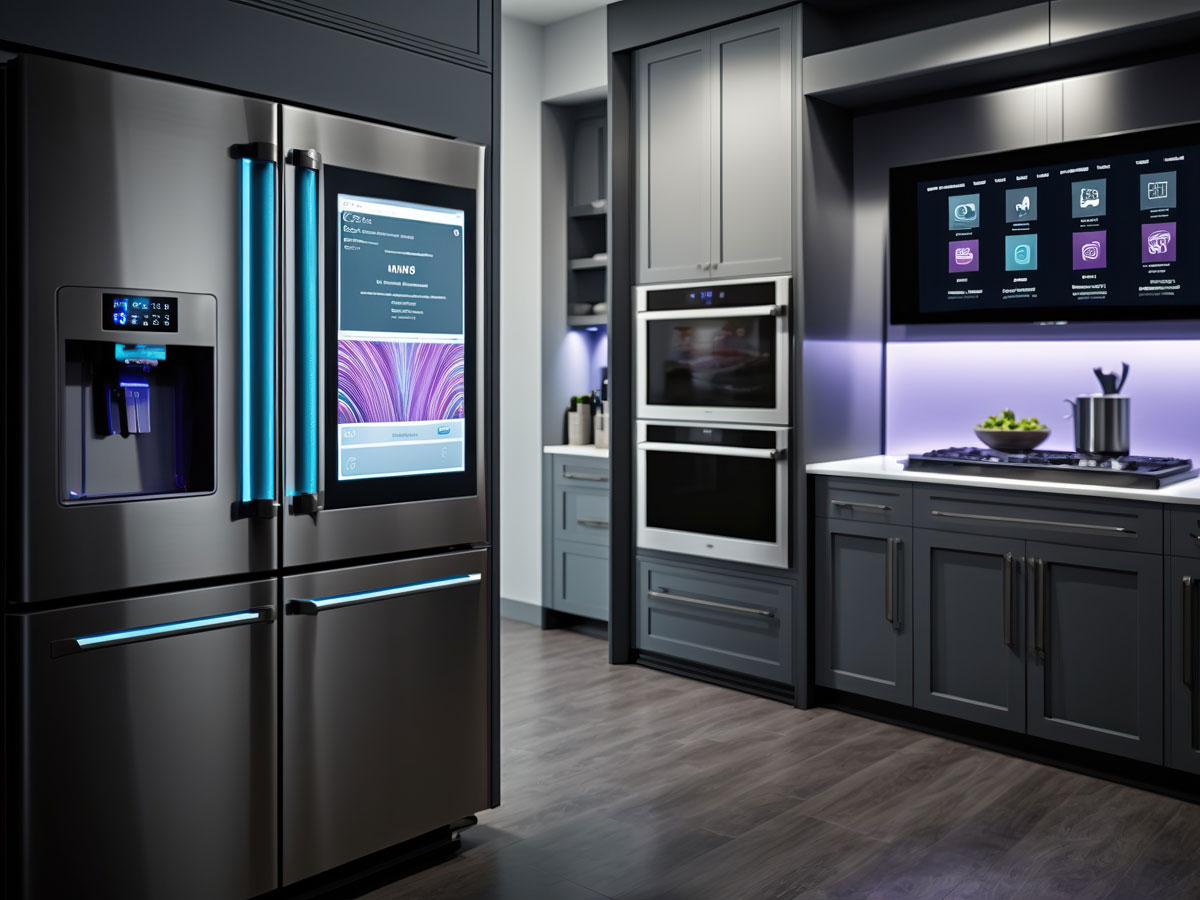 A kitchen in a smart home where many of the surfaces are touch screens.