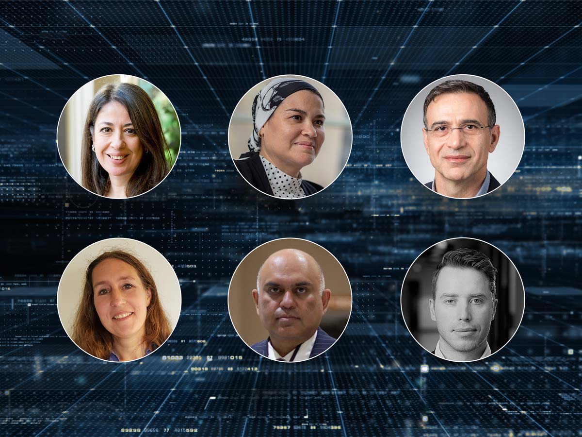 Headshots of Cybersecure Catalyst Fellowship members Burcu Bulgrcu, Rasha Kashef, Reza Samavi, Monika Freunek, A.J. Khan and Jeff Schwartzentruber. 