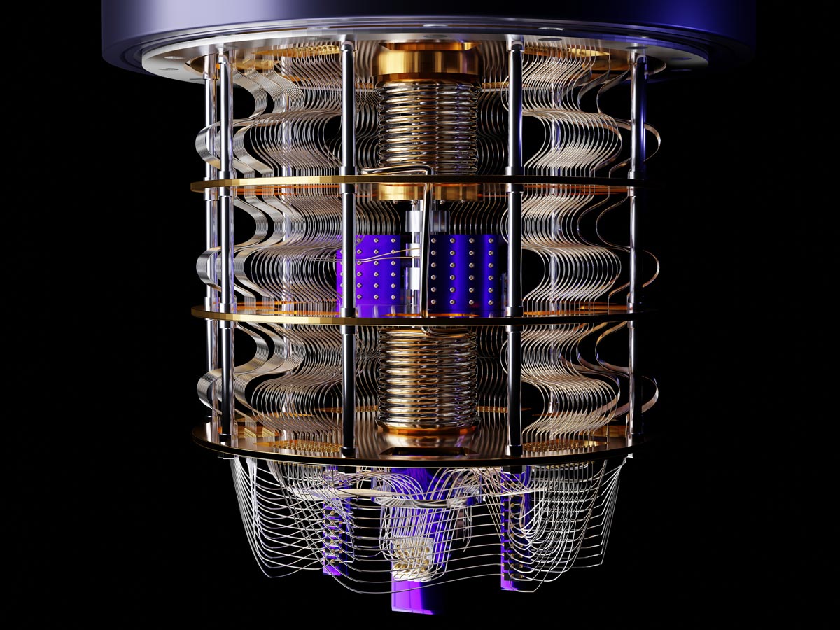 A computer rendering of the inside of a theoretical quantum computer.
