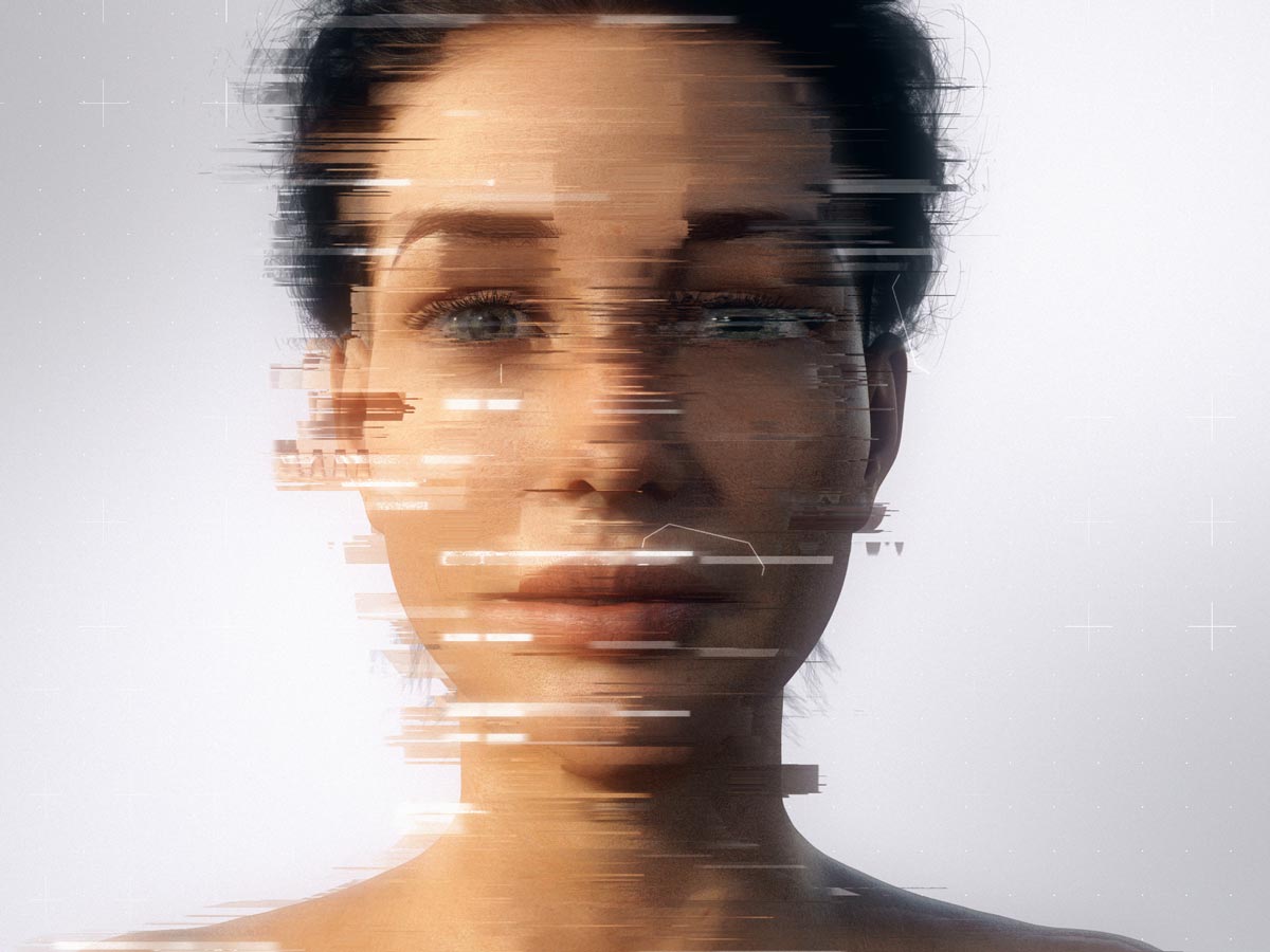A glitchy image of an artificially generated woman’s face.