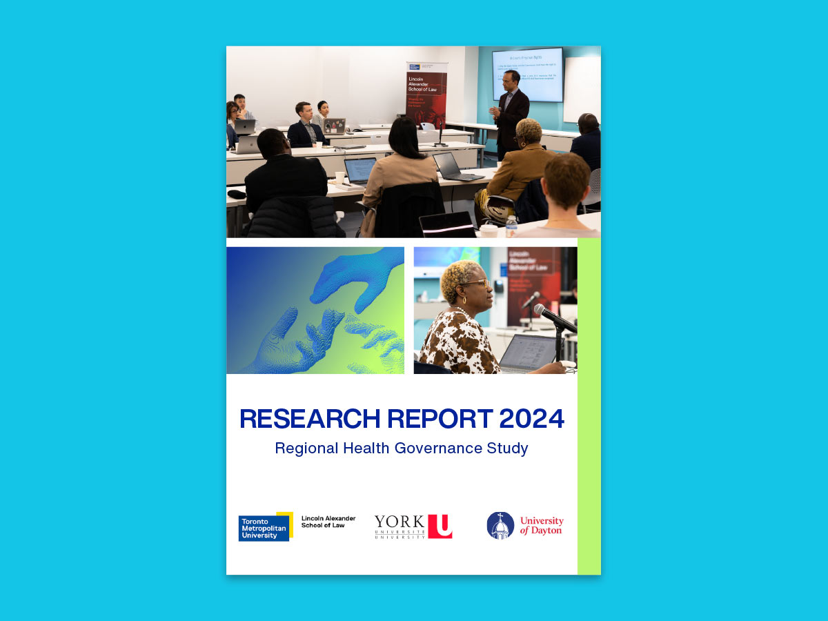 Cover of the 2024 Regional Health Governance Study report with photos, title and logos from TMU, York U and University of Dayton