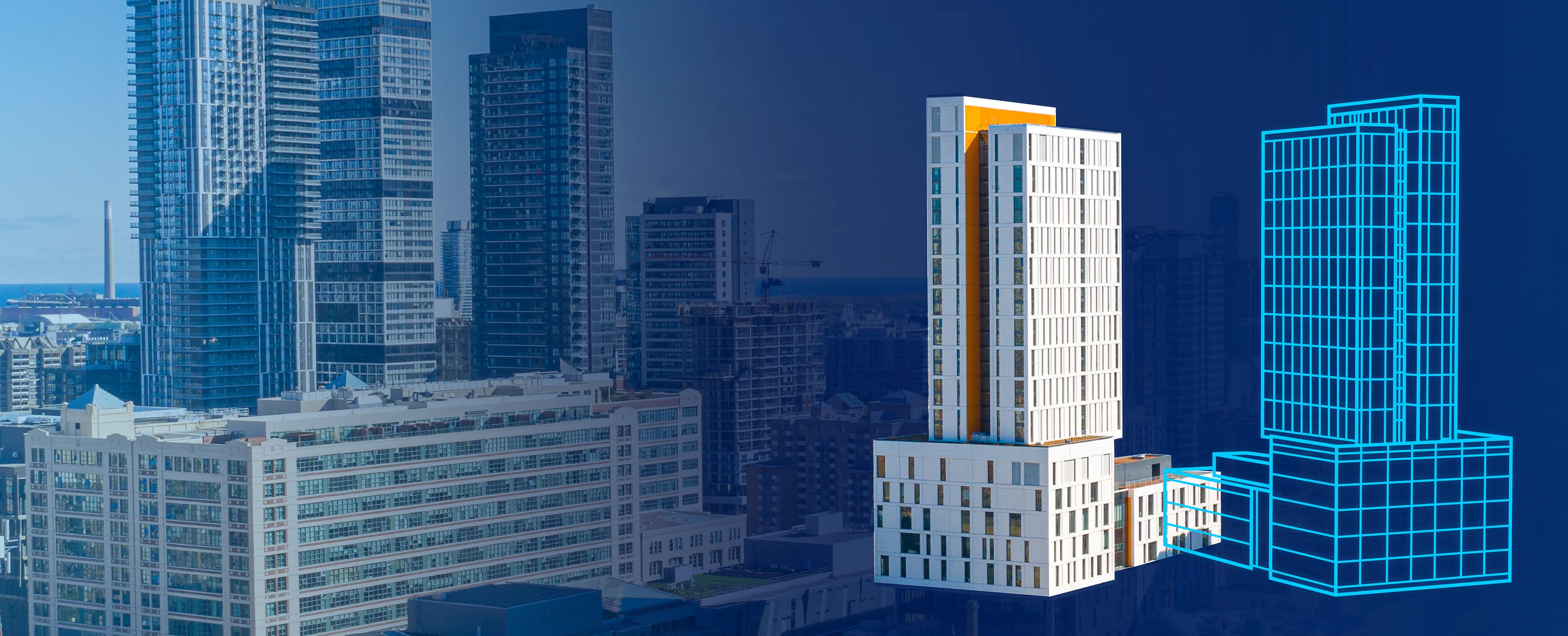 Two mirrored depictions of the Daphne Cockwell Complex building, one detailed in full colour, the other a blue outline.