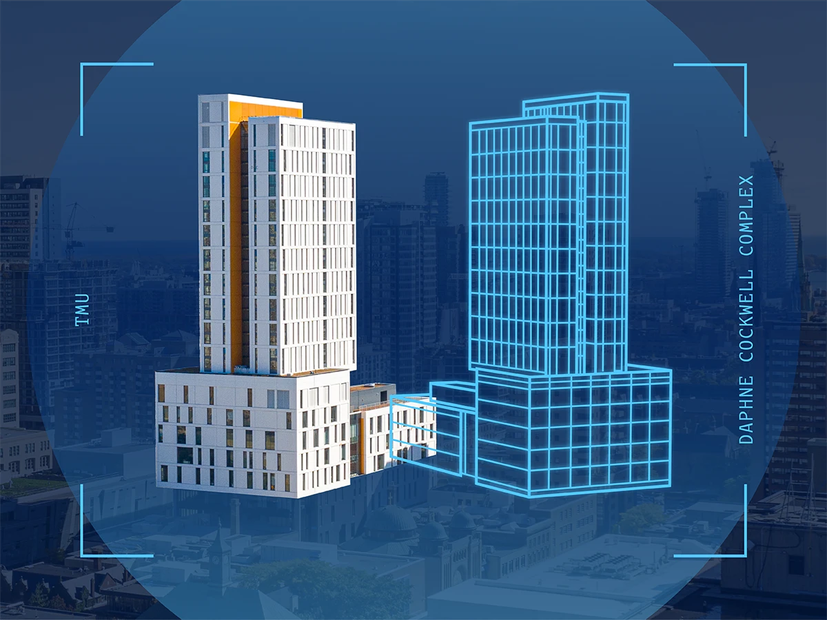 Two mirrored depictions of the Daphne Cockwell Complex building, one detailed in full colour, the other a blue outline.