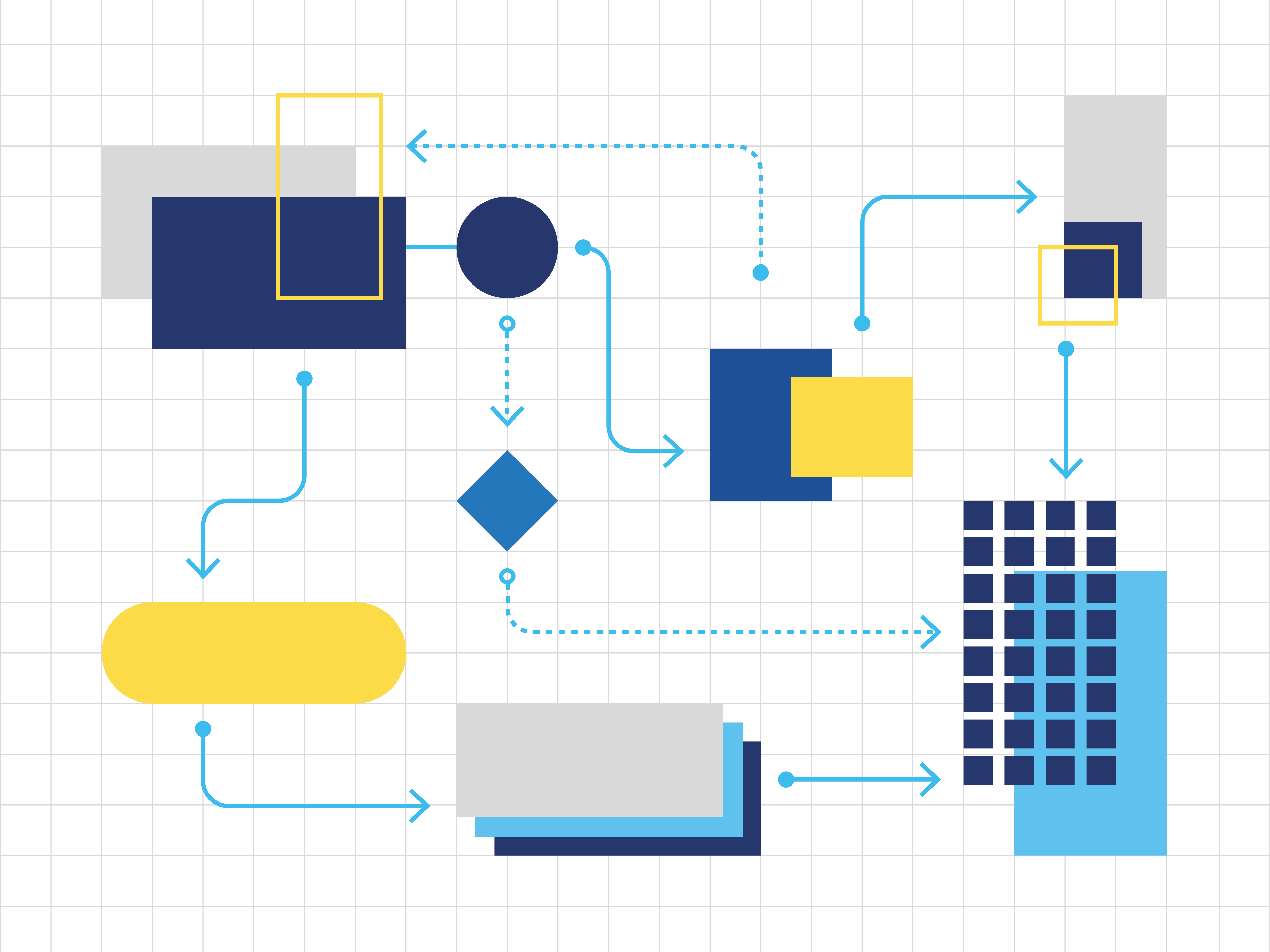 An illustration that resembles a combination of a flow chart and a circuit board in TMU’s branded colours.