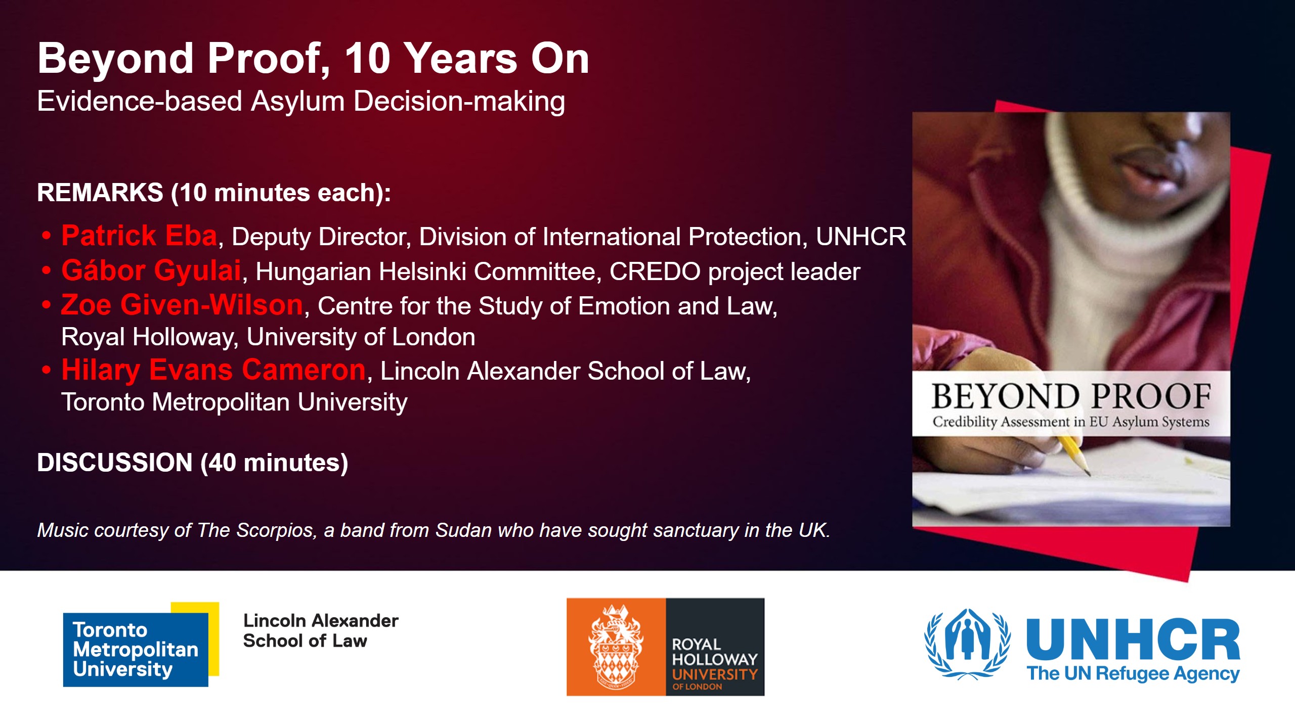 The opening slide of the "Beyond Proof, 10 years on: Evidence-based asylum decision-making", with a list of speakers and logos of the co-hosting programs.