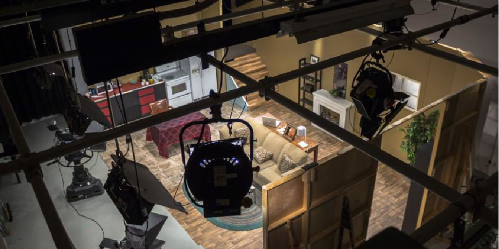Pictured is a bird's-eye view of one of the sets in a TV studio 