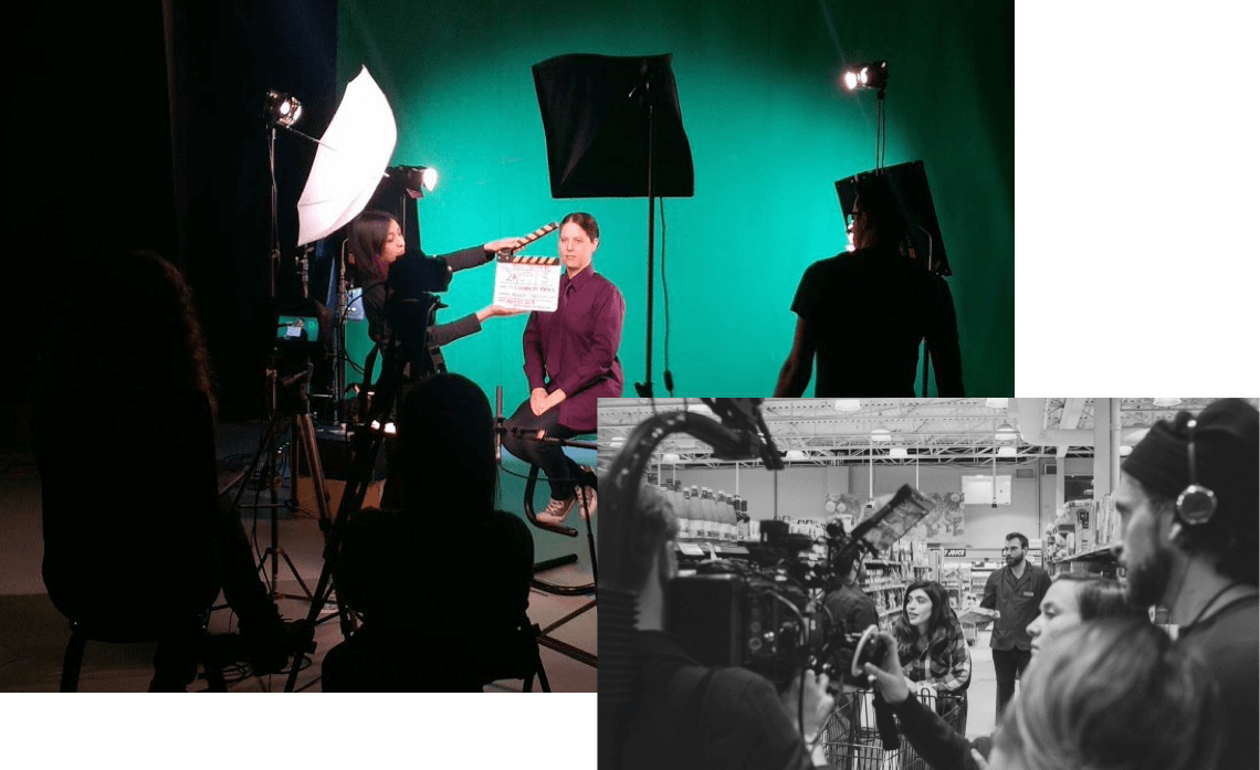 Student filming in front of a green screen; students on a TV production set