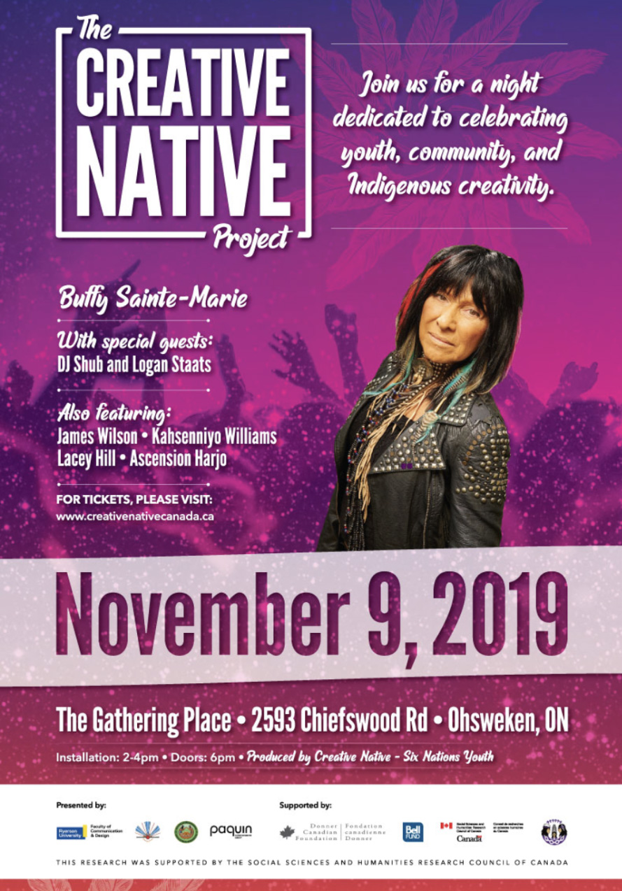 Poster featuring Buffy Sainte Marie as part of Saagajiwe's Creative Native